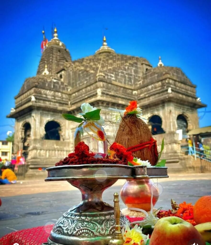 Trimbakeshwar Jyotirlinga temple puja setup kalash coconut Shiv puja Nashik Maharashtra India