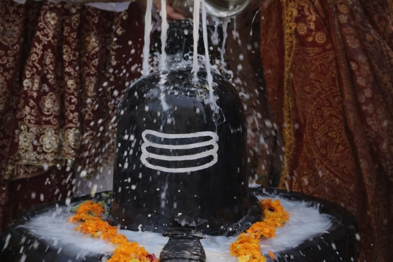 Rudrabhishek puja on Shivling with milk offering in Trimbakeshwar temple Nashik